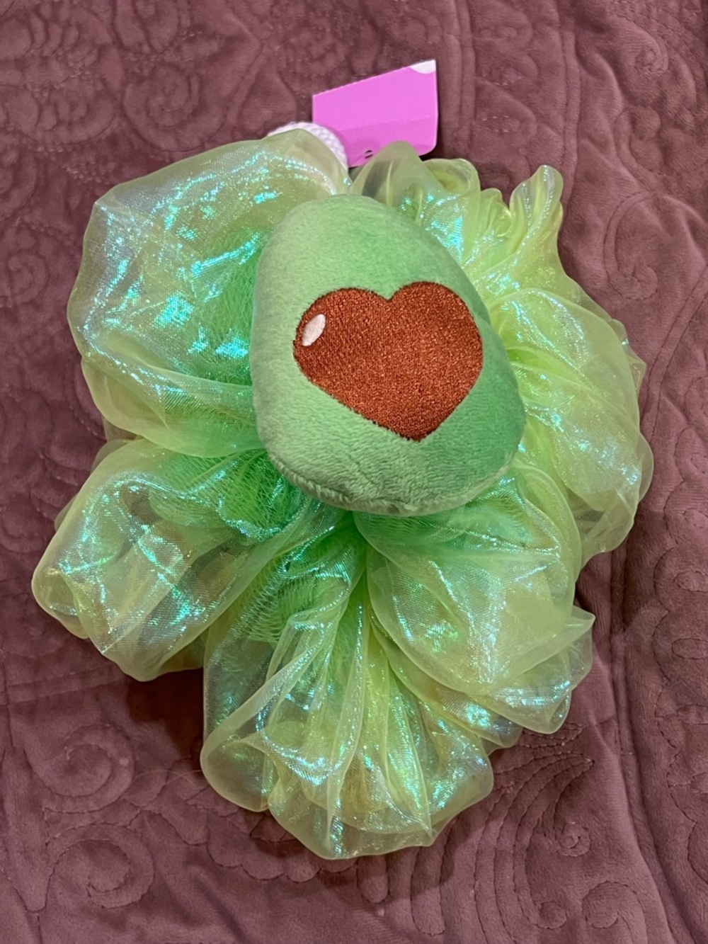 Green Iridescent Bow Lufa with Plush Heart Accent